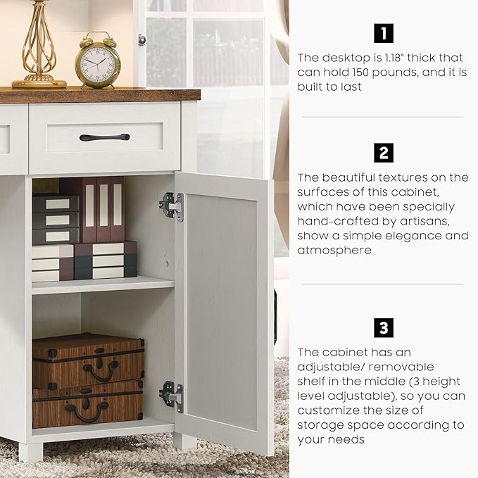 67''H Farmhouse Executive Desk with Hutch & 5 Drawers, Rustic Office Desks Computer Desks with Charging Station, File Drawers and Storage Cabinets, Wood Workspace for Home Office,Unique White.