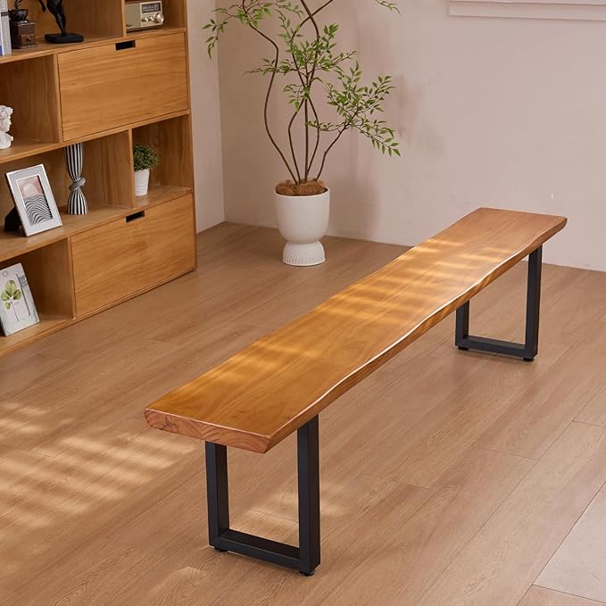 Durable Solid Wood Top Bench with Sturdy Metal Legs – Versatile Dining & Office Seating - Multi-Size Options Ideal for Living Room, Dining Room, and Home Office(Dark yellowbench, 55.12in)