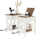 ChooChoo End Table Set of 2 with Charging Station, Narrow End Table with USB Ports and Outlets, Small Side Table Nightstand with Drawer for Living Room, Bedroom, Soft White