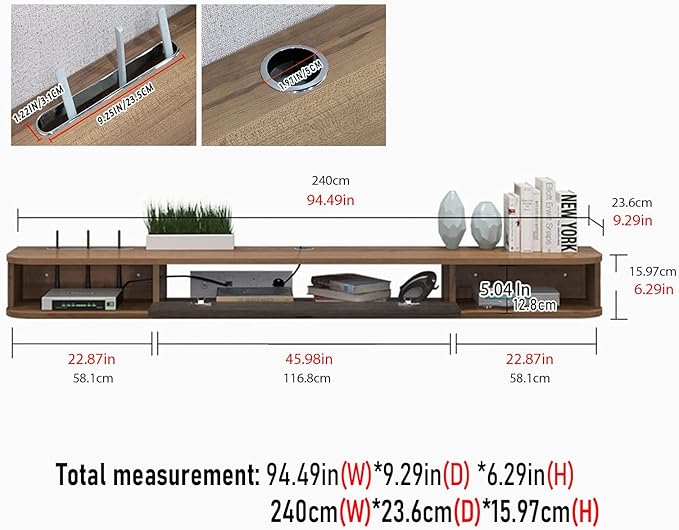 Pmnianhua Floating TV Shelf, 94'' Wall Mounted TV Stand Floating TV Console Media Entertainment Under TV Shelf for Bedroom Living Room (Walnut)