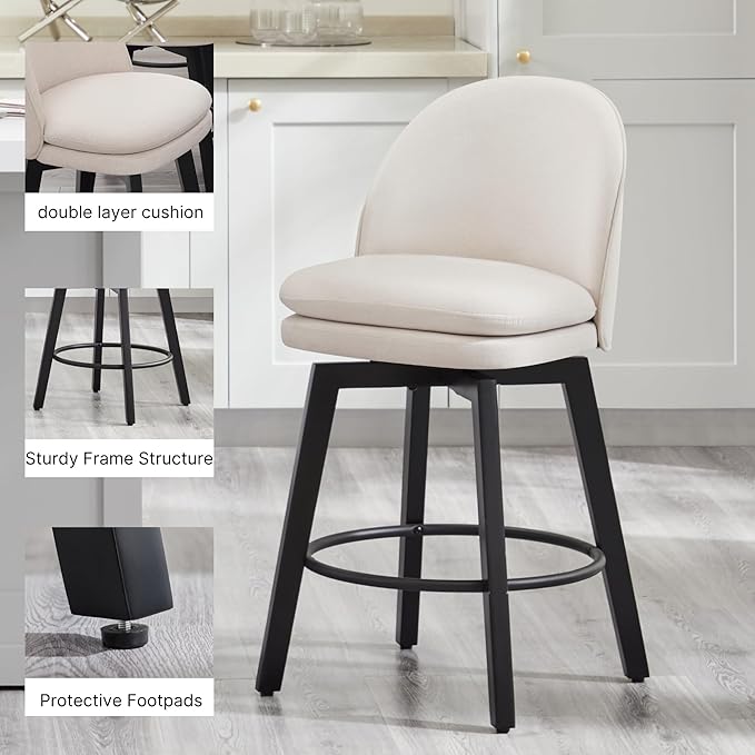 Counter Height Barstools 26 inch Upholstered Swivel Bar Stools with Back and Wood Legs for Kitchen Island,Set of 2,Beige Fabric-Armless