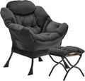 Lazy Chair with Folding Ottoman, Accent Chair Velvet Upholstered with Metal Structure and Non-Slip Pads, Sofa Armchair with Footrest and Side Storage Bag for Dorm, Office, Charcoal