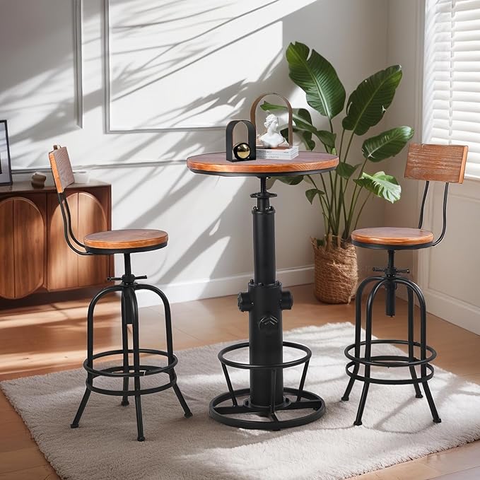 Vintage Bistro Table Height Adjustable 38.6-44.4inch Industrial Bar Table for Kitchen Dining Room Coffee House Pub Office Swivel Round Wooden Top for 2-3 People