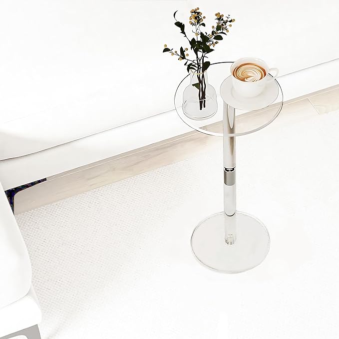 Small Drink Table,Acrylic Side Table, 10" L x 10" W x 21.3" H, End Table for The Living Room, Bedroom, Bathroom, Hallway and Balcony(Clear)