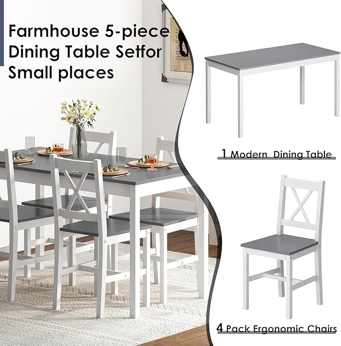 sogesfurniture 42.5''Dining Table Set for 4，Dinette Set for 4 Small Space,5 Pieces Dining Table for Kitchen, Dining Room, Pine Wood,Grey&White