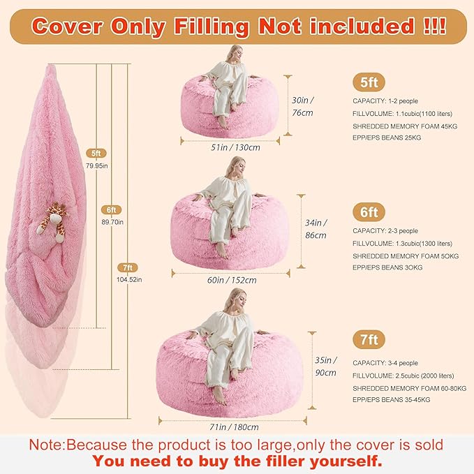 Fluffy Bean Bag for Stuffed Animals Storage, Faux Fur Washable Bean Bag Chair Cover(No Filler) for Textile Plush Toys, Beanbag Chair Cover for Adults Kids Teens, 5FT, Pink