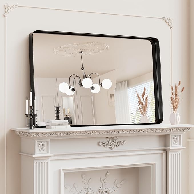 Koonmi Black Bathroom Mirror for Wall, 30x40 Inch Matte Metal Deep Framed Rounded Corner Wall Mirror, Shatterproof Tempered Glass for Farmhouse Bedroom Entryway, Vertically or Horizontally