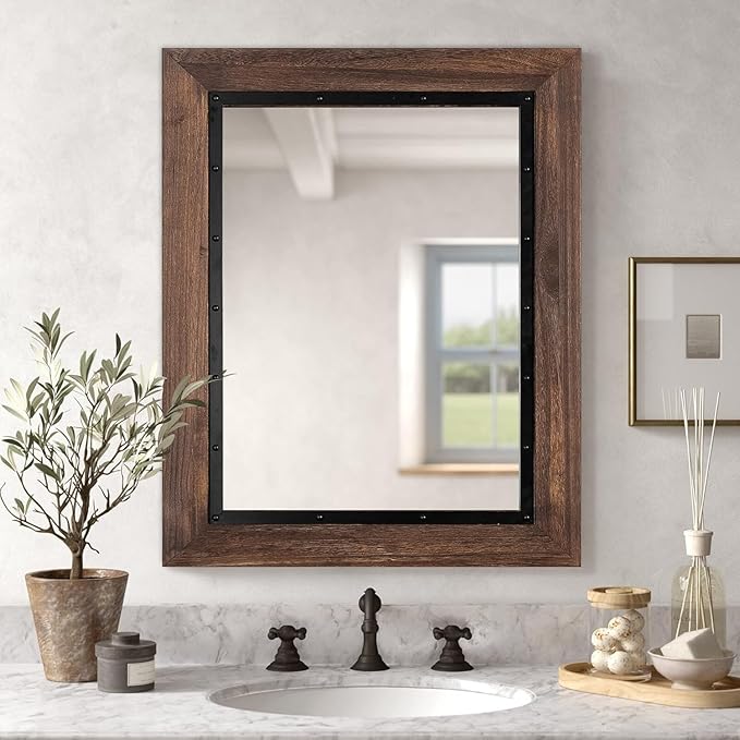 YOSHOOT Rustic Wooden Framed Wall Mirror, Natural Wood and Iron Bathroom Vanity Mirror for Farmhouse Decor, Vertical or Horizontal Hanging, 60" x 30", Brown