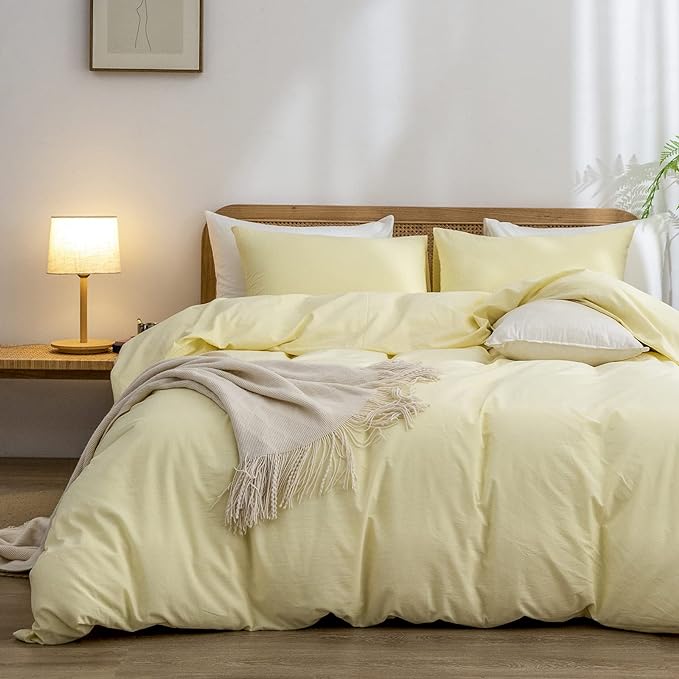 BESTOUCH Duvet Cover Set 100% Washed Cotton Linen Feel Super Soft Comfortable Chic Lightweight 3 PCs Home Bedding Set Solid Light Yellow Full/Double