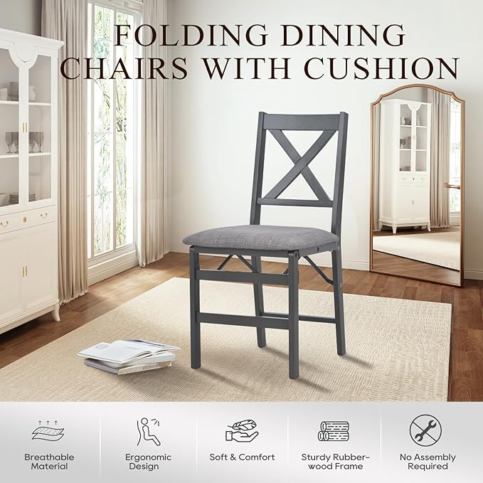 COLAMY Folding Dining Chairs Set of 4, Foldable Chairs with Padded Seats, Wood Folding Dining Room Chairs for Kitchen, Party, Camping, Dark Grey