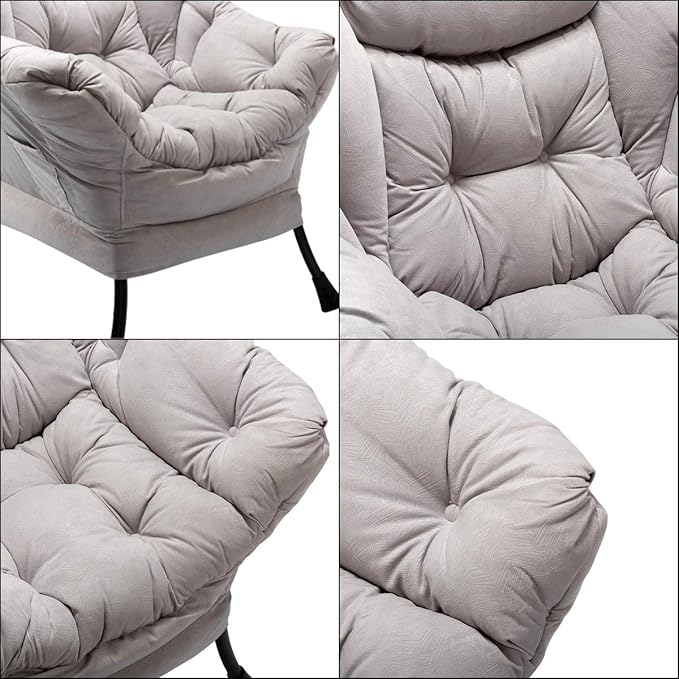 HollyHOME Modern Large Cotton Fabric Lazy Chair，Accent Contemporary Lounge Chair, Single Steel Frame Leisure Sofa Chair with Armrests and A Side Pocket, Grey