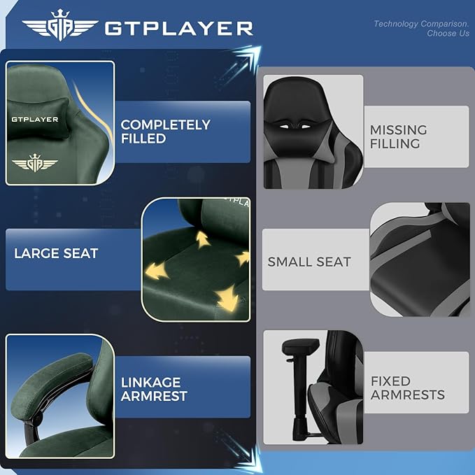 GTPLAYER Gaming Chair Fabric with Pocket Spring Cushion, Big and Tall Gamings Chairs 350LBS High Back Computer Chair with Footrest for Adults Lumbar Support Swivel Game Chair for Office Gaming Green