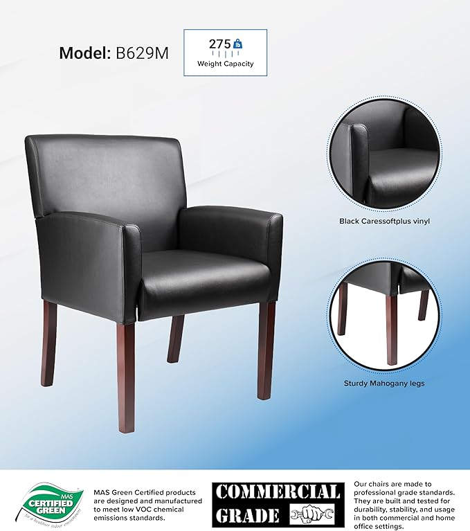 Boss Office Products Reception Box Arm Chair with Mahogany Finish in Black, 25"D x 24.5"W x 35"H