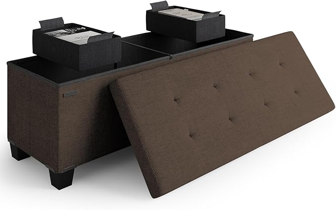 STORAGEBUD Storage Ottoman Bench with Bins, 43-in Storage Bench for Bedroom End of Bed, Folding Foot Rest Ottoman for Living Room Max 660lbs, Fabric Ottomans, Brown