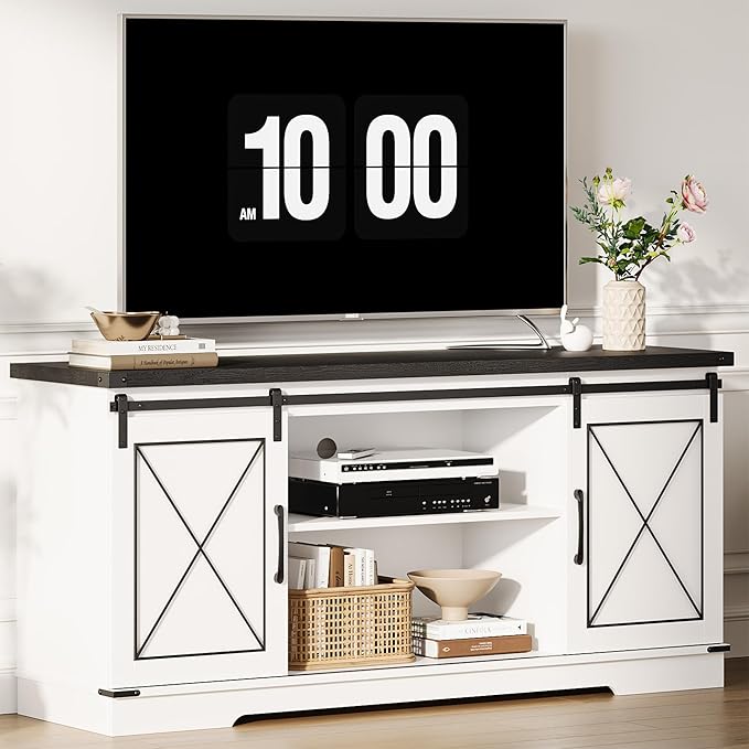 CABIHOME Farmhouse TV Stand and Entertainment Center for TV Up to 65 Inches with Sliding Barn Doors and Adjustable Shelf, TV Media Storage Console Table and Furniture for Living Room, Bedroom, White