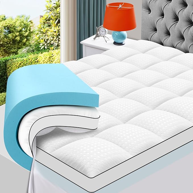 MASVIS California King Size Dual Layer 4 Inch Memory Foam Mattress Topper, 2 Inch Gel Memory Foam and 2 Inch Cooling Pillow Top Mattress Pad Cover for Back Pain, Medium Support
