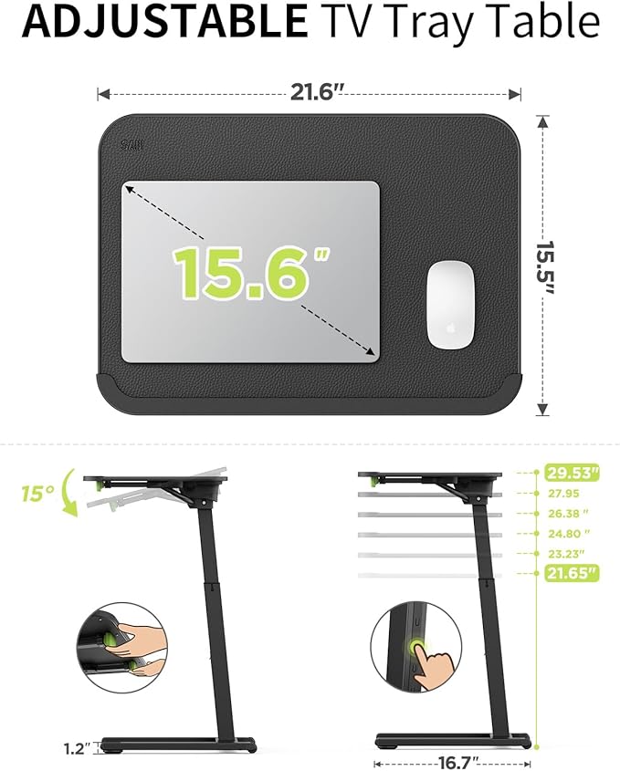 SAIJI Mobile TV Tray Table, Heavy Duty Metal TV Trays for Eating on Couch, Height & Angle Adjustable Desk for Bed, Sofa, Recliner, Portable Small Foldable Tables