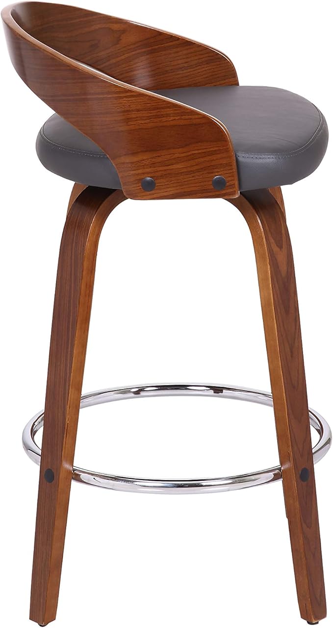 Armen Living Sonia 26" Counter Height Swivel Gray Faux Leather and Walnut Wood Bar Stool