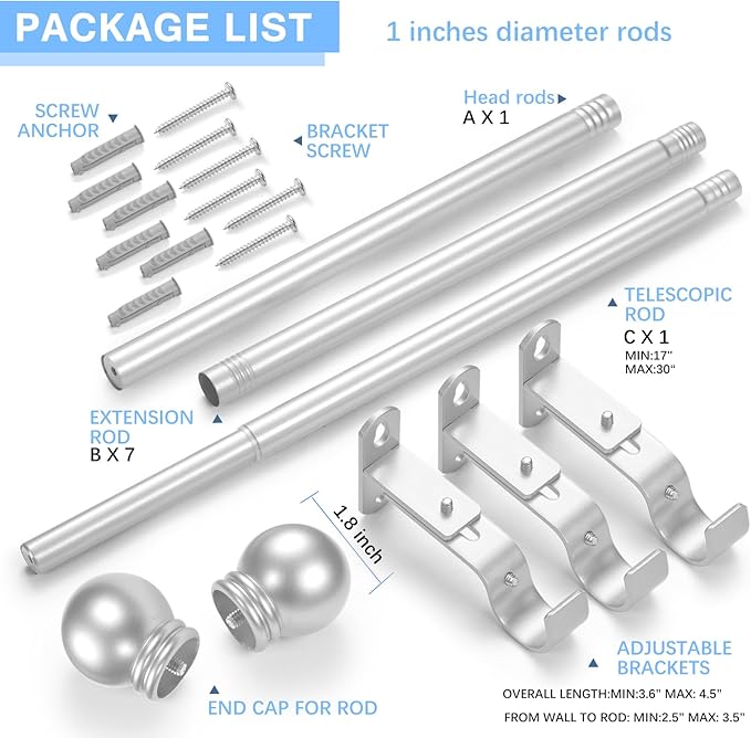 Curtain Rods for Windows 16 to 136 Inches, Curtain Rod Max Adjustable Length of 144 IN, 1" Diameter Drapery Rods Round Finials, Satin Silver, Pack of 1