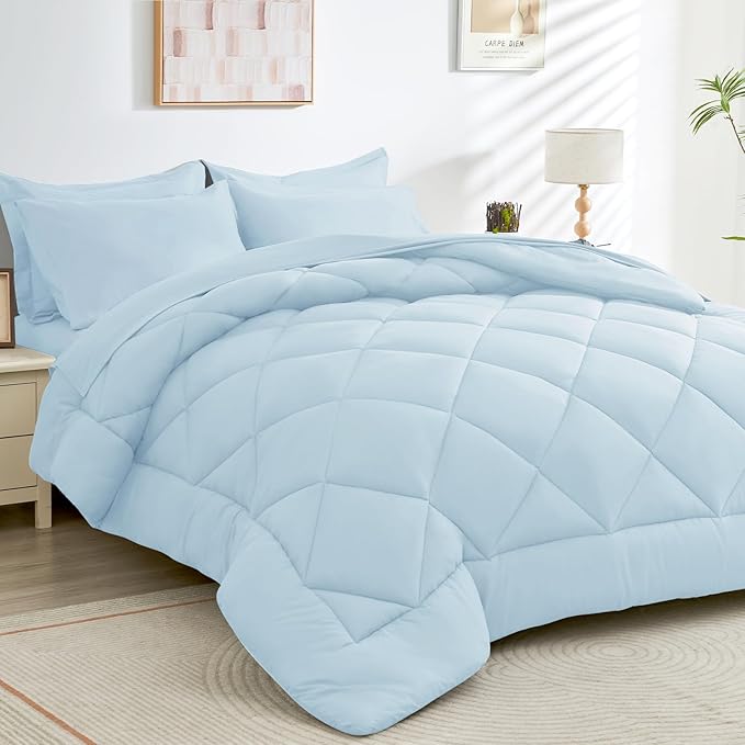 HEVUMYI Full Comforter Set - 7-Piece All Season Bed in a Bag Full, Ultra Soft Bedding Set with Comforter, Flat Sheet, Fitted Sheet, Pillowcases, Pillow Shams, Greyish Blue