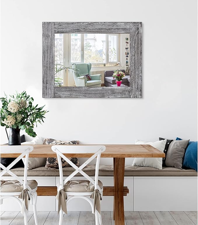 Large Wall Mirror Farmhouse Vintage Rustic Wood Framed Rectangular Mirror Decorative Dressing Table Entrance Bedroom Bathroom Mirror 26"x18"