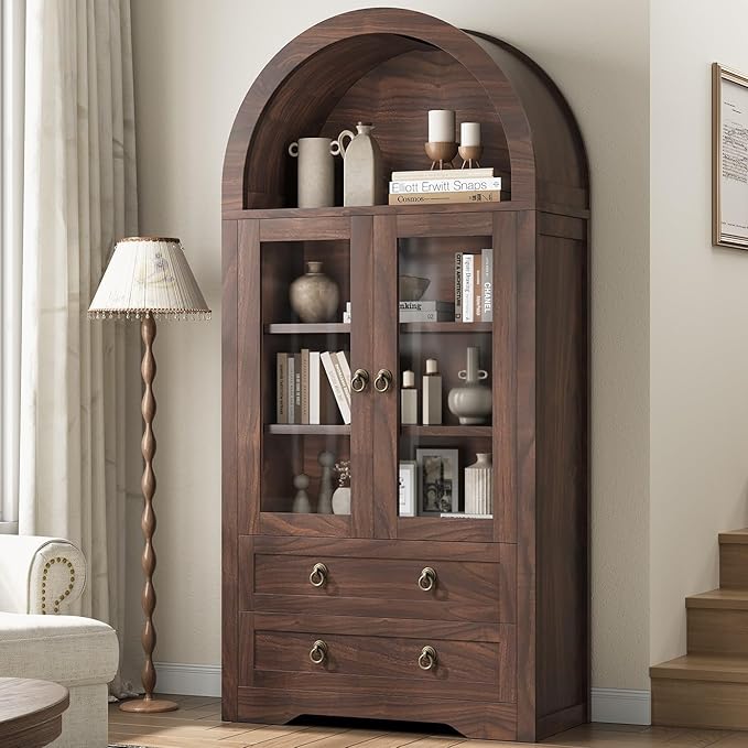 Kitchen Pantry Cabinet, Arched Bookshelf Bookcase China Pantry Storage Cabinet with Drawers Doors and Shelves,71“ Tall Food Pantry Funiture for Living Room,Dining Room (Brown)