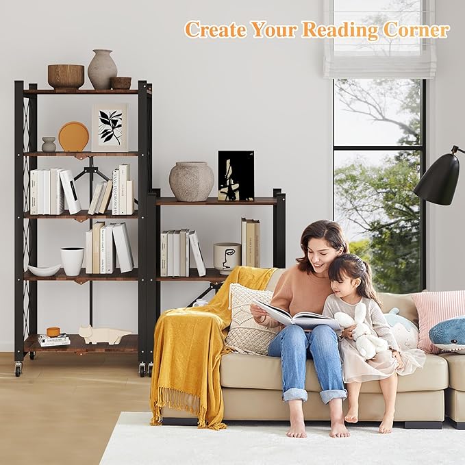 BAOYOUNI 3-Tier Vintage Industrial Bookshelf - No Assembly Folding Storage Shelf with Woodgrain Finish | Collapsible Metal Bookcase for Living Room, Office & Bedroom
