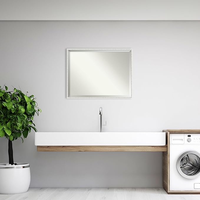Amanti Art White Bathroom Mirror for Over Sink, 31x41 Paige White Silver Rectangle Vanity Mirror, X-Large Modern Contemporary Wood Frame, Hangs Horizonally and Vertically, Bathroom Wall Decor, Beveled