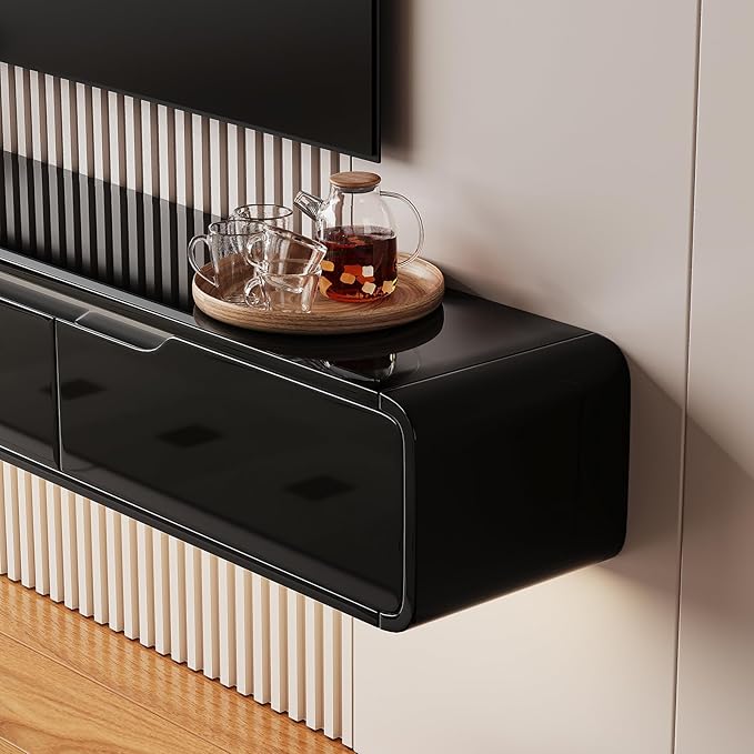 High Gloss Floating TV Stand with 3 Doors,70'' Wall Mounted TV Cabinet,Under TV Console,Floating Media Shelft for Bedroom Living Room(Black)