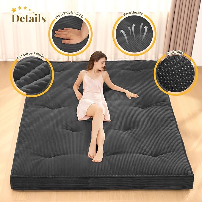Japanese Floor Mattress, 4" Thicken Futon Mattress Twin Size Sleeping Pad, Corduroy Foldable Mattress Pad Roll Up Tatami Mat Floor Mattress for Adults（Grey）