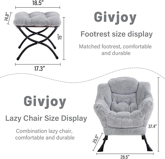Plush Lazy Chair and Ottoman, Large Contemporary Accent Lounge Chair with Armrests and a Side Pocket, Modern Leisure Upholstered Sofa Reading Armchair with Footrest for Bedroom, Living Room