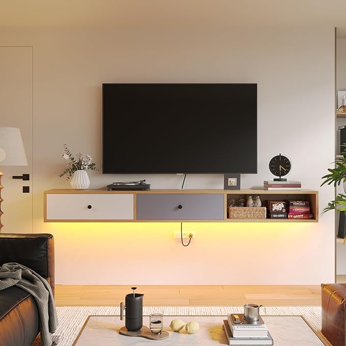 Modern Floating TV Stand with Doors, 70 Inch Wall Mounted TV Console,Floating Media Console Cabinet Under TV Shelf for Living Room Bedroom,Natural
