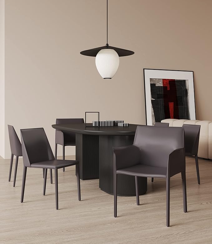 Manhattan Comfort Paris Modern Saddle Leather Dining Chairs, Metal Frame, Comfortable Padded Seat, Fully Assembled Armchair Accent Furniture, Set of 6, Grey