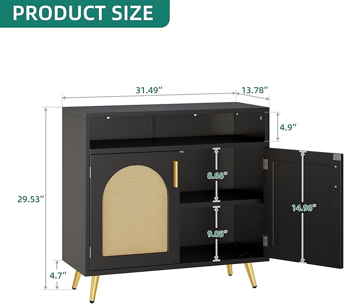 DWVO Buffet Sideboard Cabinet, Accent Storage Cabinet with Natural Rattan Doors and Adjustable Shelves for Kitchen, Living Room and Hallway, Black