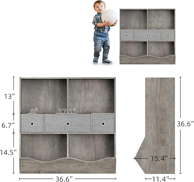 IDEALHOUSE 7-Cubby Large Kids Toy Storage Organizer, Children Wood Bookcase and Bookshelf, 3-Tier Toy Storage Cabinet with 3 Drawers for Hallway, Playroom, Living Room, School,Gray