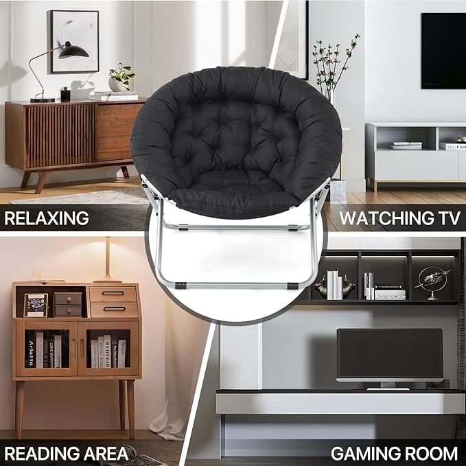 MoNiBloom Round Folding Saucer Chairs Set of 2 for Bedroom Living Room Dorm Foldable Metal Frame Comfy Soft Lounge Lazy Cozy Moon Chairs for Teens (Black)