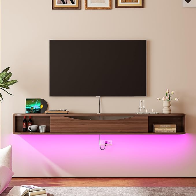 Floating TV Stand,55'' Wall Mounted TV Cabinet,Floating TV Console,Under TV Shelf with 1 Door and 2 Cabinets for TVs up to 65''(Walnut)