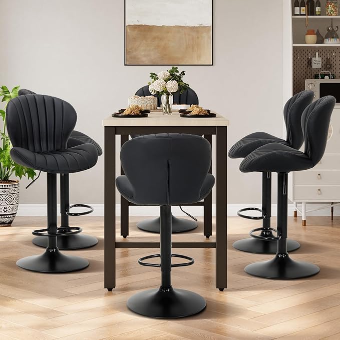 COLAMY Bar Stools Set of 4, Modern Swivel Bar Chairs, Adjustable Faux Leather Upholstered Barstools Counter Height with High Backrest for Bar, Kitchen Island, Dining Room, Black