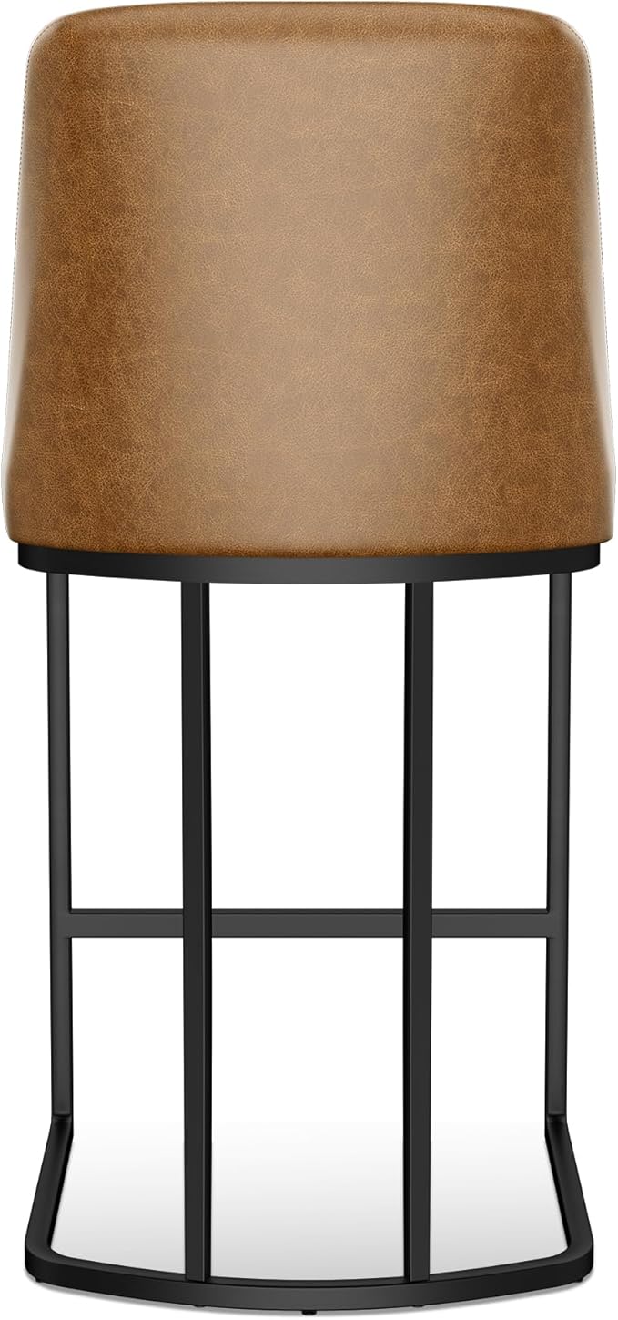 Bar Stools Set of 4, Faux Leather Counter Height Barstools, Upholstered Kitchen Counter Stools with Back and Stitching, 25.6" H Kitchen Island Stools Bar Chair, Metal Framed, Whisky Brown
