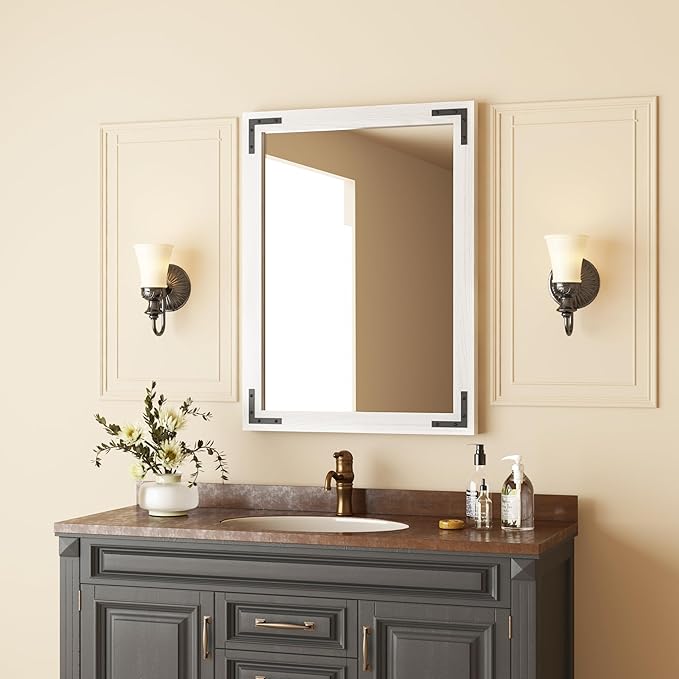 VocalStar White Wood Framed Mirror 24 x 36 Inch, Rustic Natural White Wooden Rectangle Bathroom Vanity Wall Mirror for Farmhouse Boho Decor, 1/4-inch Shatterproof Glass | Waterproof