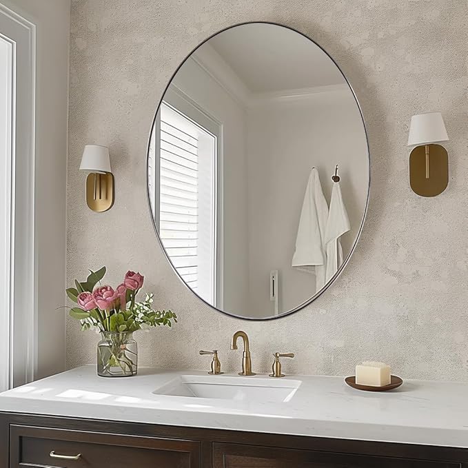 ANDY STAR Brushed Nickel Mirror Bathroom, 24x32 Inch Brushed Nickel Oval Mirror, Stainless Steel Metal Frame Oval Vanity Mirrors Hangs Horizontal or Vertical, Modern Style for Home