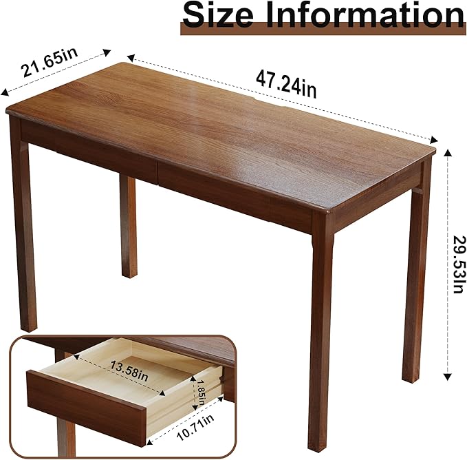 Solid Wood Desk with Drawers - 47 x 22 Inch Vintage Desks, Mid Century Modern Desks, Rubber Wood Study Table, Writing Desk with Drawers for Bedroom|Any Spaces - Walnut Color