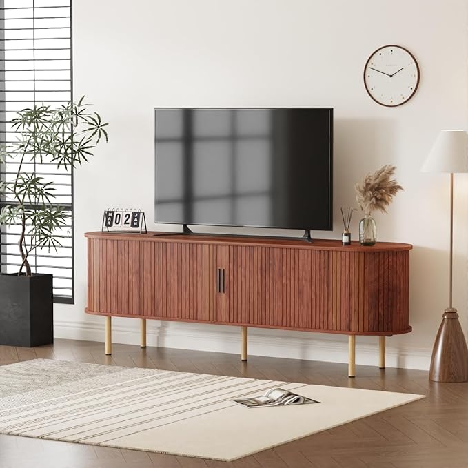 70.1" TV Stand, Modern TV Console Table with Storage Compartment and Sliding Door, Gaming Entertainment Center with Cabinet for Living Room, Bedroom, Office, Walnut