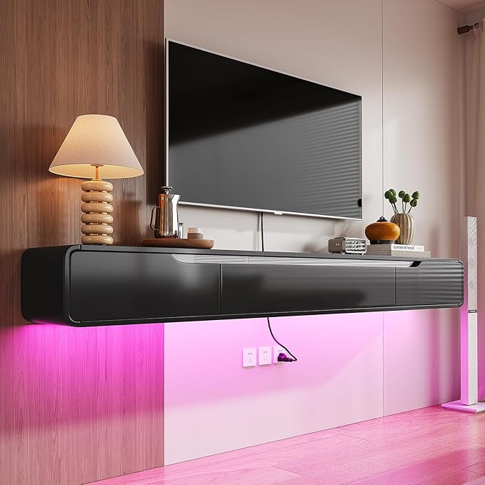 Fully-Assembled Floating TV Stand with Drawers, 70IN High Gloss Wall Mounted Entertainment Center, Modern Media Console with Storage, Under TV Shelf for Bedroom Living Room Black