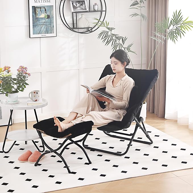 Comfy Saucer Chair with Ottoman, Oversized Folding Faux Fur Chair Soft Furry Lounge Lazy Chair with Metal Frame Moon Chair Accent Chair for Bedroom, Living Room, Dorm Rooms, Black
