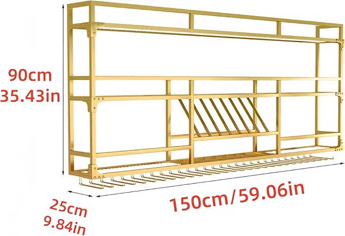 Metal Wall-Mounted Wine Rack with LED Light - 3 Tier Wine Storage Display Rack with Glass Holder - Space-Saving Bottle Display Shelf for Home Bars, Dining Rooms(Gold, 59in/150cm)