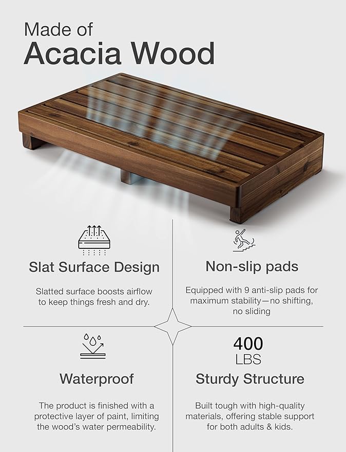 TINAMO 3.5" One Step Stool for Elderly, Acacia Wood High Riser Step Stool for Bed - 550 Lbs Wooden Mobility Stepping Stools for Adults, Kids/Bedside, Bathroom, Kitchen, Garden (Walnut, 3.5" Height)