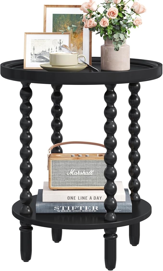 Gadroad Round End Table with Storage Shelf, 2 Tier Couch Side Table, Wood Coffee Table for Living Room, Bedroom, Black 19.3 * 19.3 * 25.6 inches