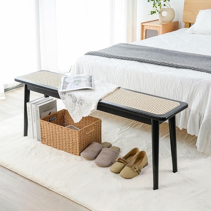Entryway Bench, Solid Wood Kitchen Dining Bench, Mid Century Modern End of Bed Bench with Rattan Woven Top for Bedroom, Dining Room, Entry Way, 47.2" L x 11.2" W x 17.7" H, Black