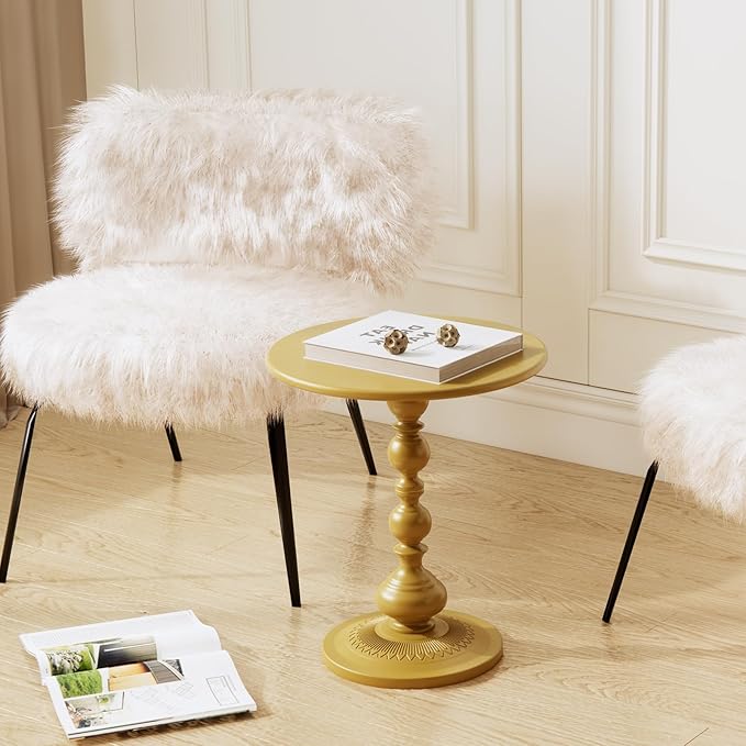 XIV Metal Small Round Side End Table, Vintage Matte Coffee Drink Cocktail Table, Accent Pedestal Table for Living Room Corners and Small Spaces, 21” Height (Gold)